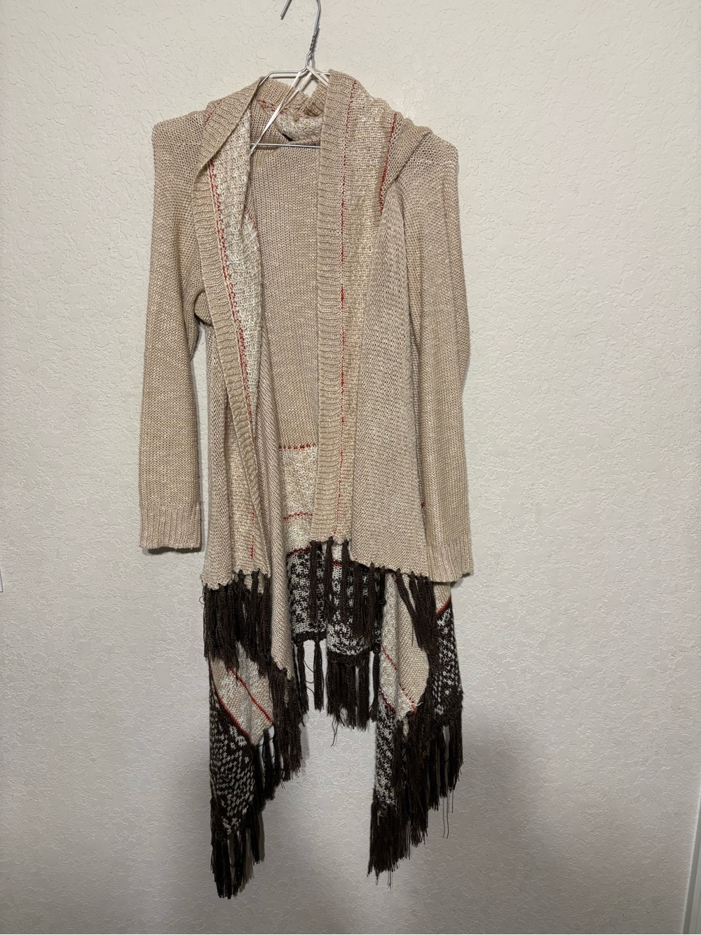 Ariat Beige Hooded Fringe Knit Cardigan with Dark Brown Accents